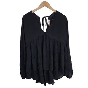 Umgee Tunic Women's‎ Medium Boho Babydoll V-Neck Black NWT
